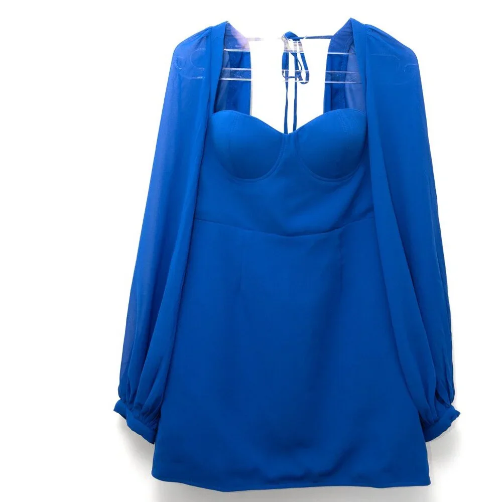 Elle Zeitoune Meagan Dress Evening Mini Cocktail Draped Sleeves Blue Size 12 New - Picture 2 of 9